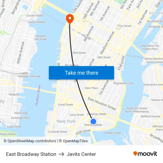 East Broadway Station to Javits Center map