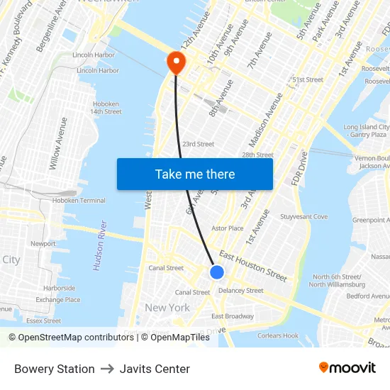 Bowery Station to Javits Center map
