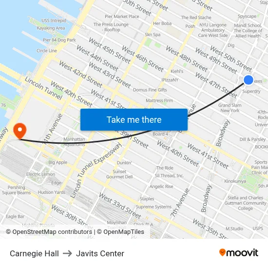 Carnegie Hall to Javits Center map