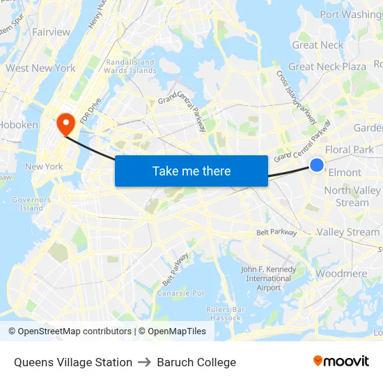 Queens Village Station to Baruch College map