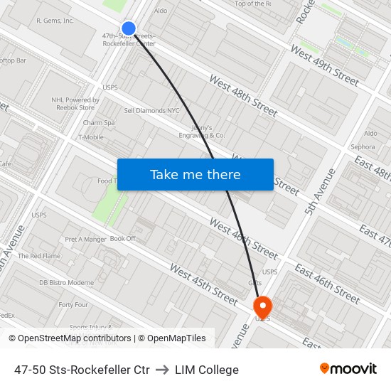 47-50 Sts-Rockefeller Ctr to LIM College map