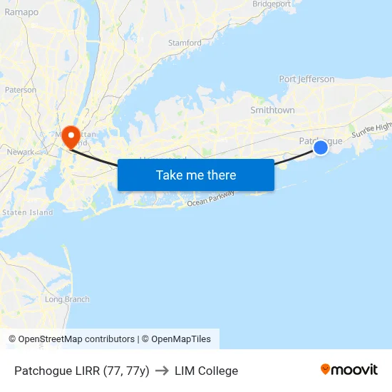 Patchogue LIRR (77, 77y) to LIM College map