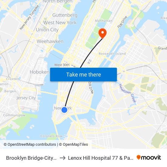 Brooklyn Bridge-City Hall to Lenox Hill Hospital 77 & Park Av map