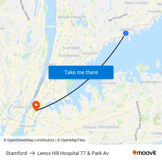 Stamford to Lenox Hill Hospital 77 & Park Av map