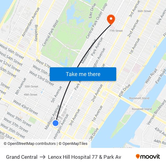 Grand Central to Lenox Hill Hospital 77 & Park Av map