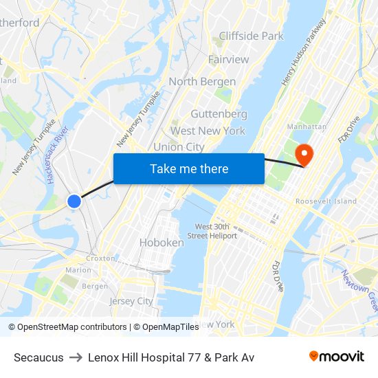 Secaucus to Lenox Hill Hospital 77 & Park Av map