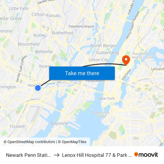 Newark Penn Station to Lenox Hill Hospital 77 & Park Av map