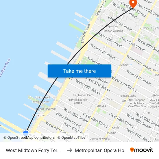 West Midtown Ferry Terminal to Metropolitan Opera House map
