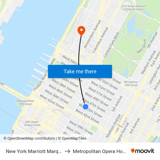 New York Marriott Marquis to Metropolitan Opera House map