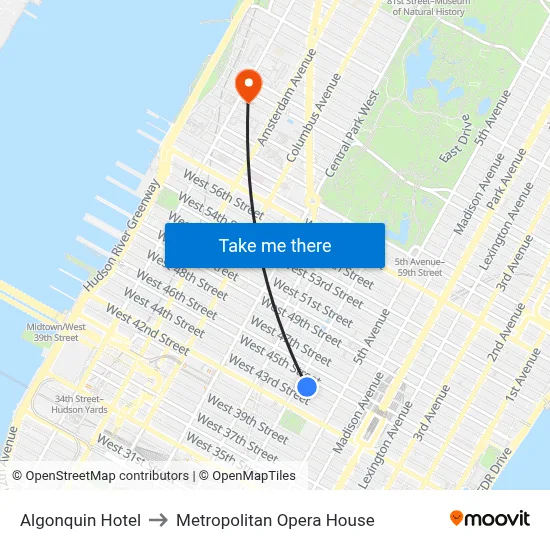 Algonquin Hotel to Metropolitan Opera House map