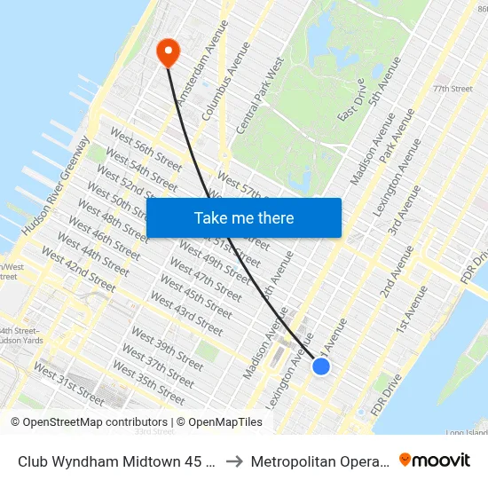 Club Wyndham Midtown 45 New York to Metropolitan Opera House map
