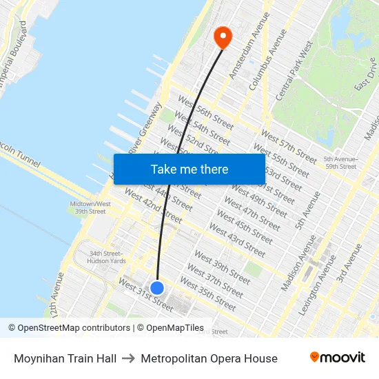 Moynihan Train Hall to Metropolitan Opera House map