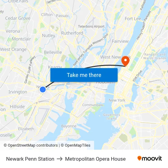 Newark Penn Station to Metropolitan Opera House map