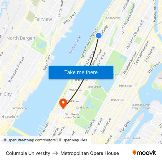 Columbia University to Metropolitan Opera House map
