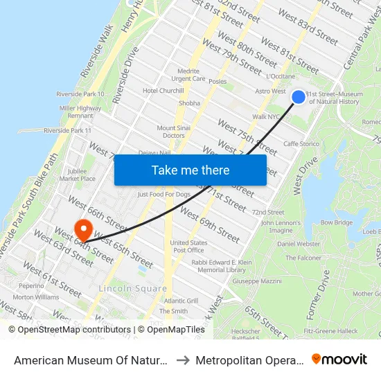 American Museum Of Natural History to Metropolitan Opera House map