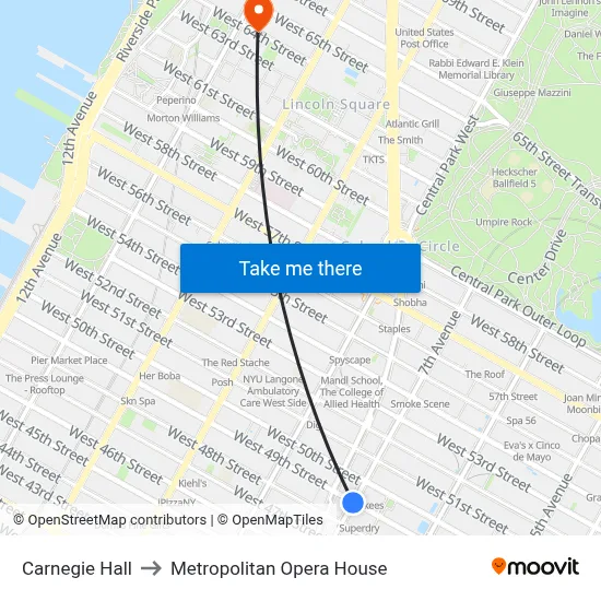 Carnegie Hall to Metropolitan Opera House map