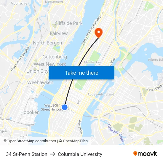 34 St-Penn Station to Columbia University map