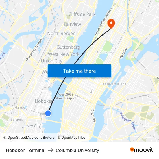 Hoboken Terminal to Columbia University map