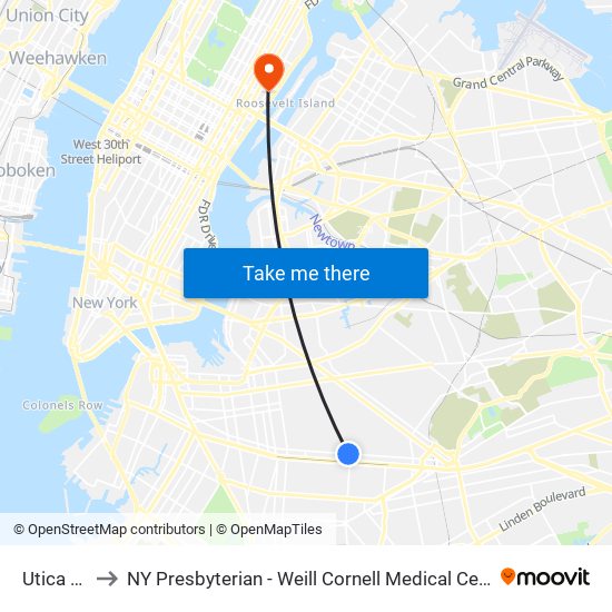 Utica Av to NY Presbyterian - Weill Cornell Medical Center map