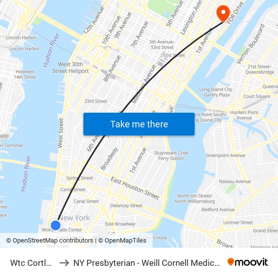 Wtc Cortlandt to NY Presbyterian - Weill Cornell Medical Center map