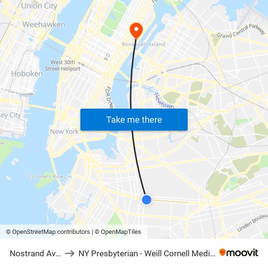 Nostrand Avenue to NY Presbyterian - Weill Cornell Medical Center map