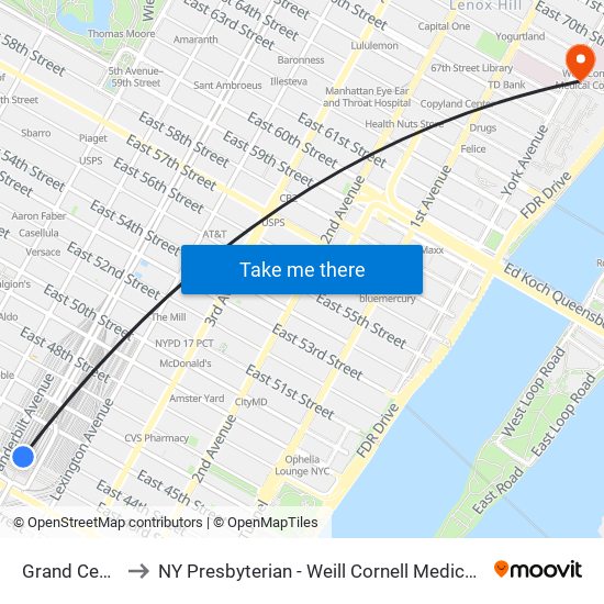 Grand Central to NY Presbyterian - Weill Cornell Medical Center map