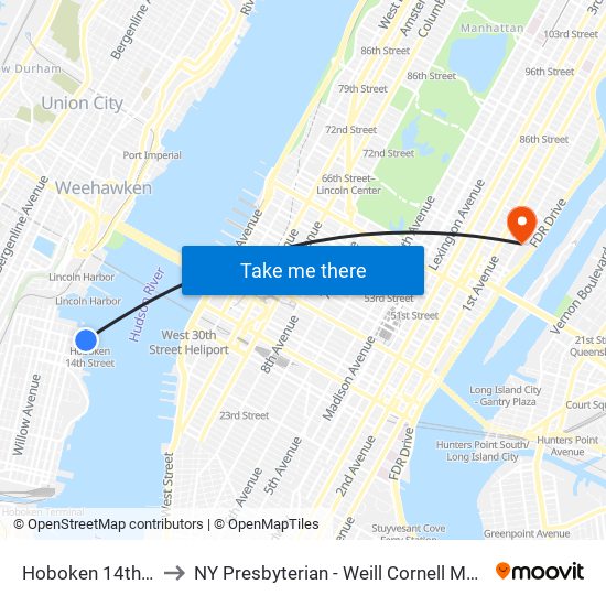 Hoboken 14th Street to NY Presbyterian - Weill Cornell Medical Center map