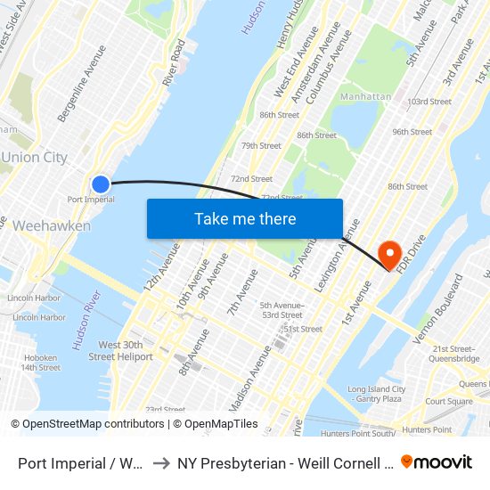 Port Imperial / Weehawken to NY Presbyterian - Weill Cornell Medical Center map