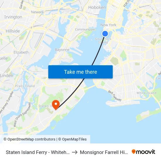 Staten Island Ferry - Whitehall Terminal to Monsignor Farrell High School map