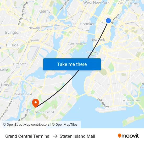Grand Central Terminal to Staten Island Mall map