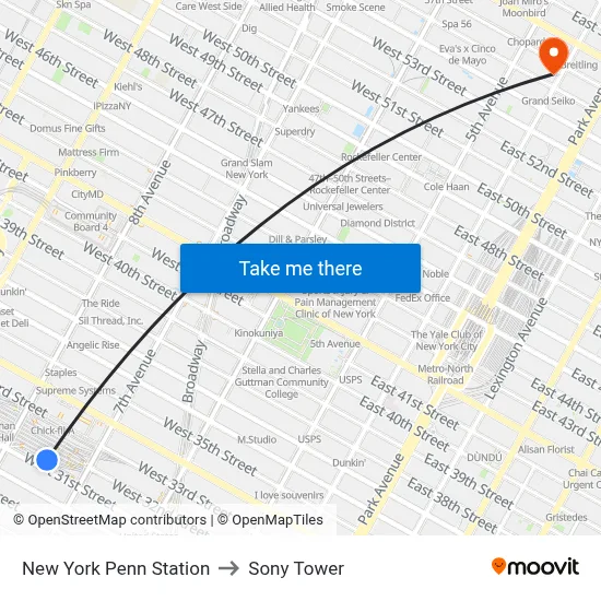 New York Penn Station to Sony Tower map