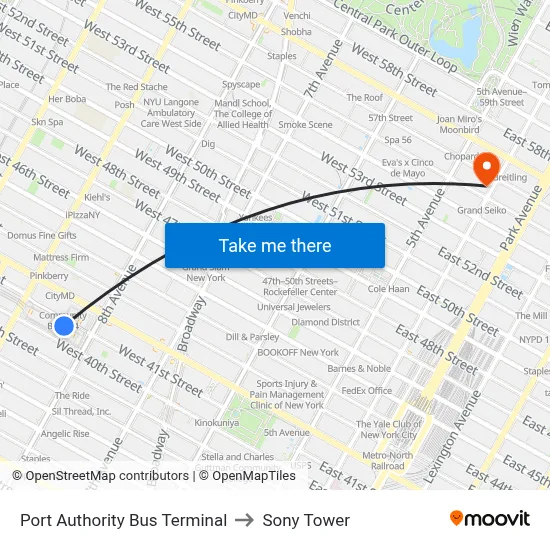 Port Authority Bus Terminal to Sony Tower map