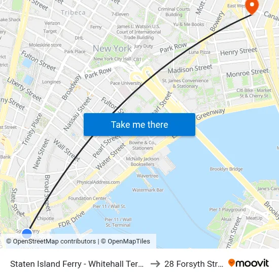 Staten Island Ferry - Whitehall Terminal to 28 Forsyth Street map
