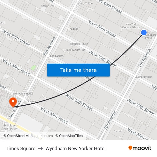 Times Square to Wyndham New Yorker Hotel map