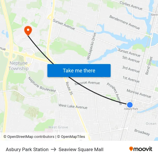 Asbury Park Station to Seaview Square Mall map