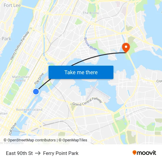 East 90th St to Ferry Point Park map