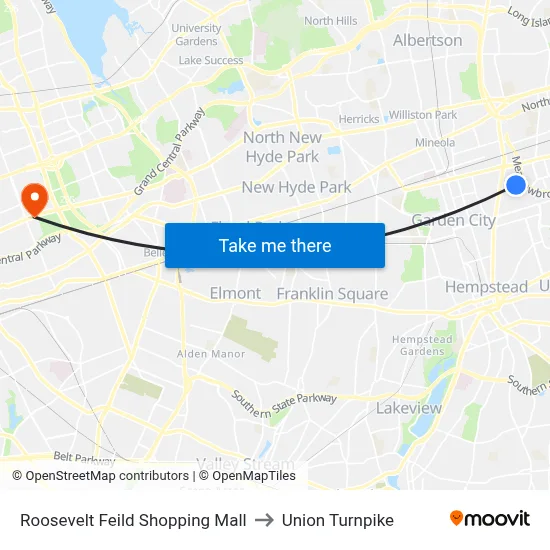 Roosevelt Feild Shopping Mall to Union Turnpike map