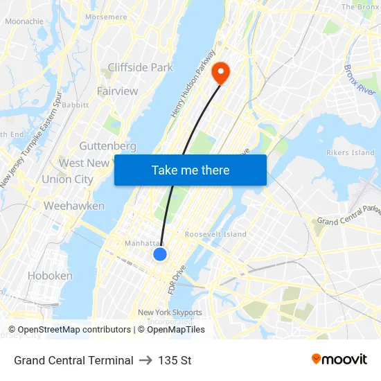 Grand Central Terminal to 135 St map