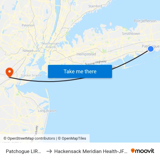 Patchogue LIRR (77, 77y) to Hackensack Meridian Health-JFK Medical Center map
