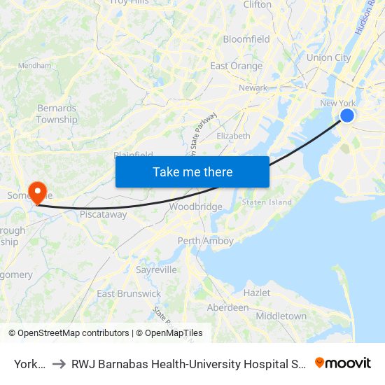 York St to RWJ Barnabas Health-University Hospital Somerset map