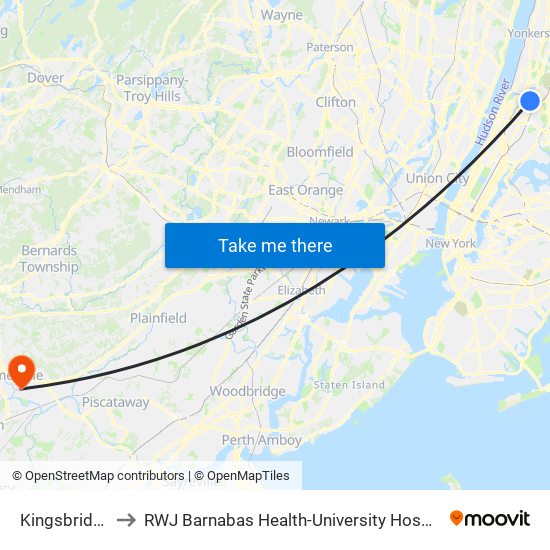 Kingsbridge Rd to RWJ Barnabas Health-University Hospital Somerset map