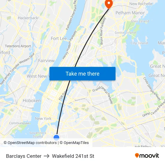 Barclays Center to Wakefield 241st St map