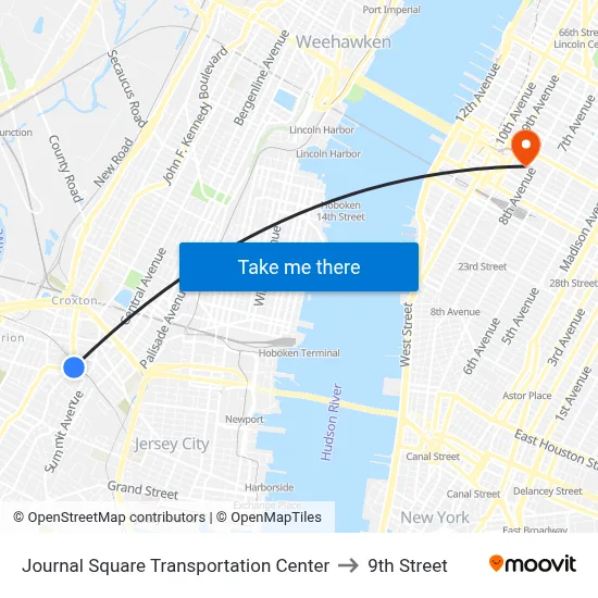 Journal Square Transportation Center to 9th Street map