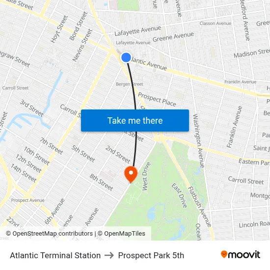 Atlantic Terminal Station to Prospect Park 5th map