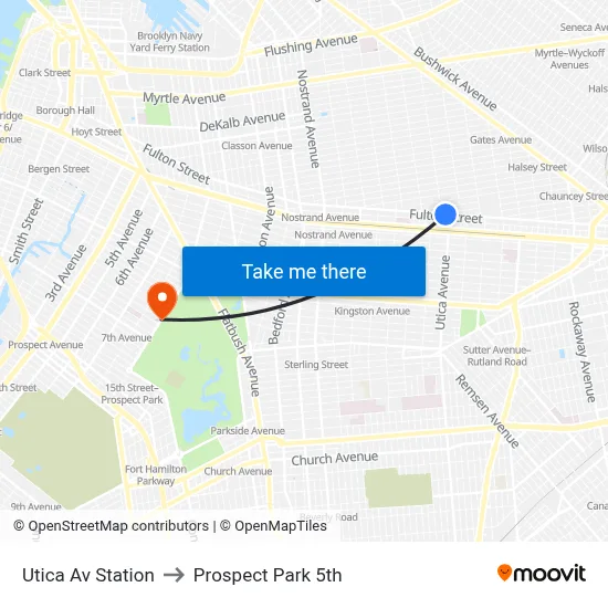 Utica Av Station to Prospect Park 5th map