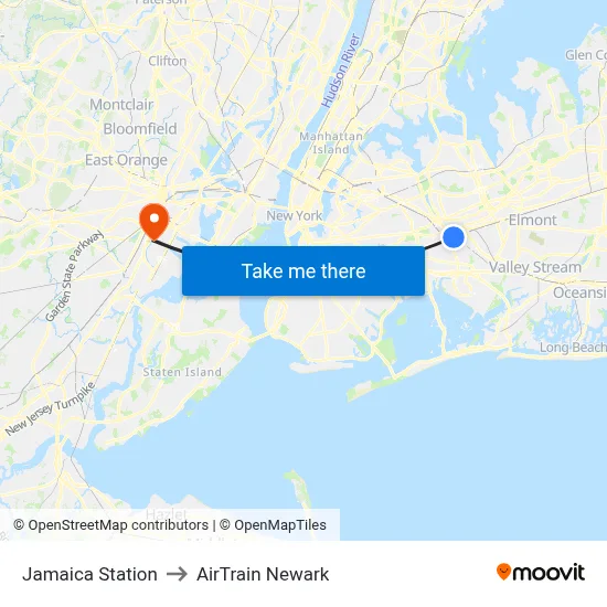 Jamaica Station to AirTrain Newark map