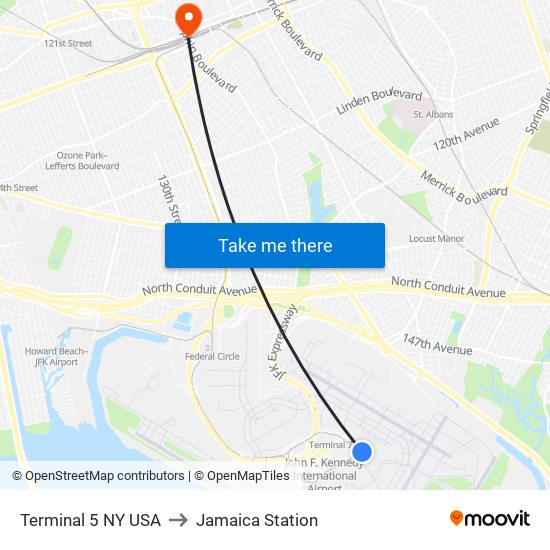 Terminal 5 NY USA to Jamaica Station map