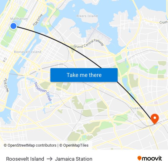 Roosevelt Island to Jamaica Station map