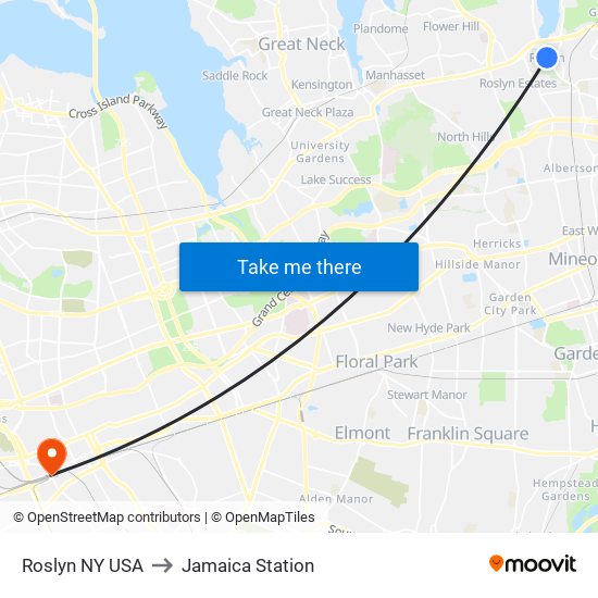 Roslyn NY USA to Jamaica Station map