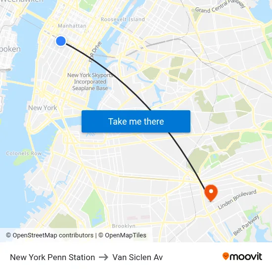 New York Penn Station to Van Siclen Av map